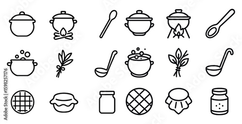Cooking and kitchen outline icons set – culinary, cooking tools, meal preparation symbols