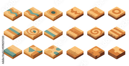 Geometric pattern icons set in isometric style – design, decor, art symbols