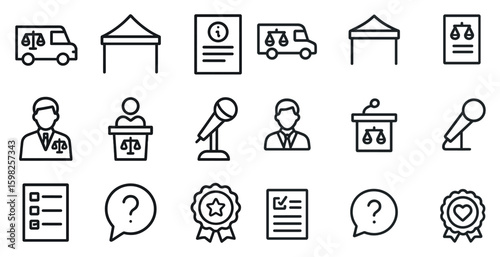 Law and justice icons set – outline, linear, legal and courtroom symbols