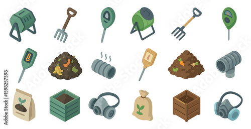 Gardening and composting 3d icons set – tools, recycling, and eco-friendly symbols