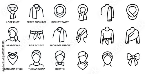 Headwear and accessories outline icons set – linear, fashion, style symbols