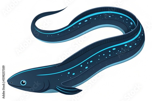 Flat illustration of an electric eel with dark body electric blue accents curving shape minimalistic design clean background on white background