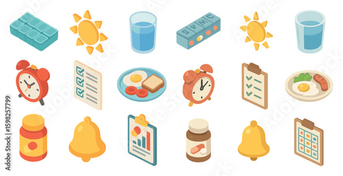 Breakfast and morning isometric icons set – food, routine, daily essentials