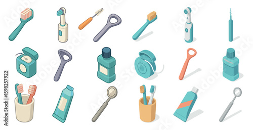 Dental care isometric icons set – flat, solid, oral hygiene essentials