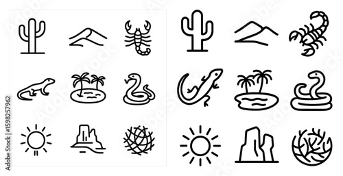 Desert wildlife outline icons set – linear, flat, nature and fauna symbols