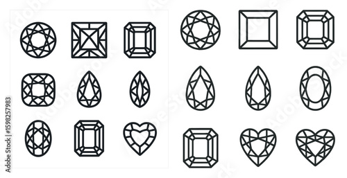 Gemstone and jewelry outline icons set – precious, detailed, elegant symbol designs