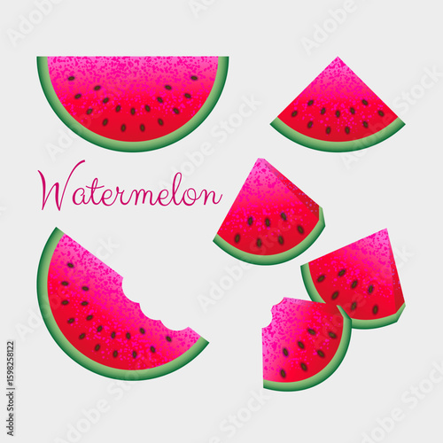 Watermelon slices illustration set, vibrant summer fruit with seeds and bite marks