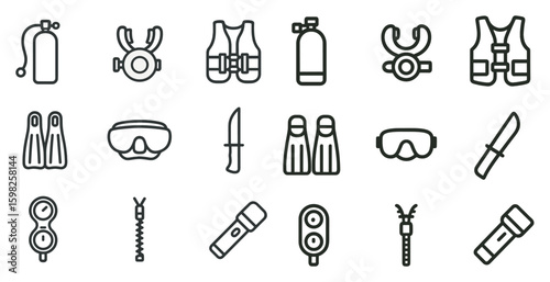 Diving and snorkeling outline icons set – linear, line, ocean exploration tools