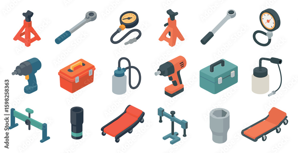 Obraz premium Automotive tools isometric icons set – garage, repair, mechanic essentials