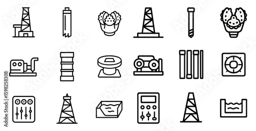Oil and gas industry icons set – linear, outline, energy and drilling symbols
