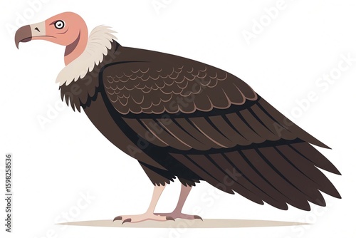 Flat vector illustration of a stylized vulture with dark brown body bald head and large wings minimalistic design plain on white background