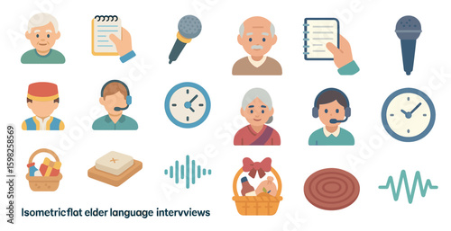 Elder language interviews flat icons set – isometric, communication, dialogue symbols