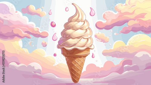 Delicious ice cream cone, playful design, pastel clouds, whimsical atmosphere, dessert concept