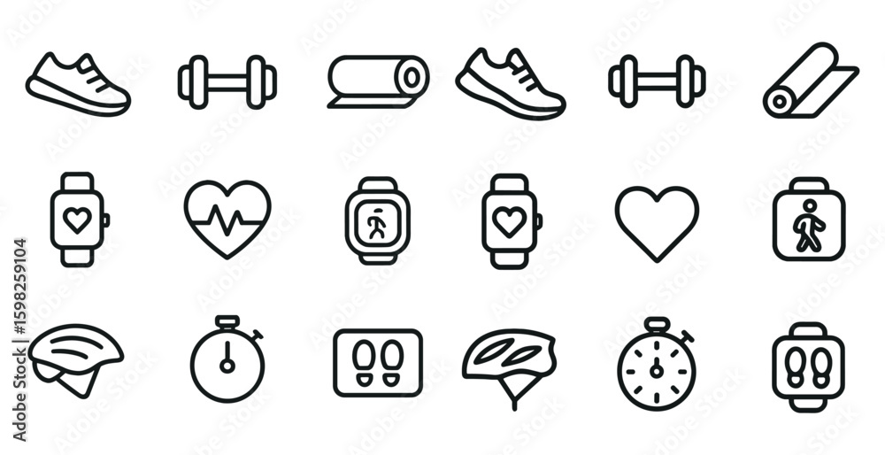 Fototapeta premium Fitness and workout outline icons set – exercise, gym, health symbols