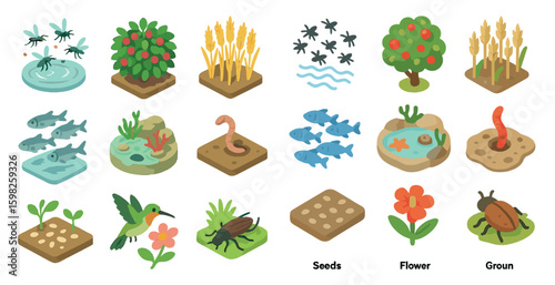 Gardening and nature isometric icons set – flat, filled, plant and ecosystem symbols
