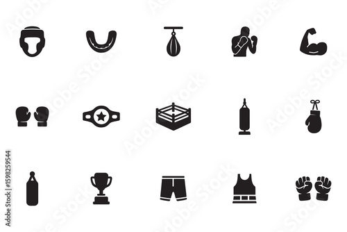 Boxing and fighting sport solid glyph icon set. Vector collection of equipment for training and competition like gloves, punching bag, and championship belt
