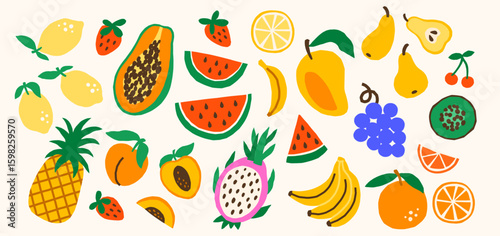 Bright tropical exotic summer fruits vector illustrations set. Watermelon, papaya, pineapple, mango, pears, bananas, oranges, lemons, berries, grapes, kiwi, dragon fruit doodles