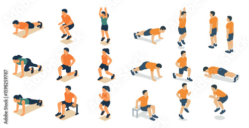 Fitness and exercise isometric icons set – workout, gym, health activity graphics