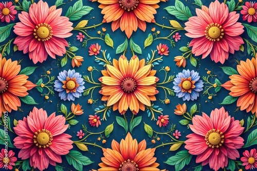 Intricate, flowing floral pattern, continuous design , orange, retro, pastel