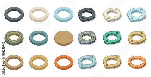 Mechanical components isometric icons set – flat, solid, engineering and gear symbols