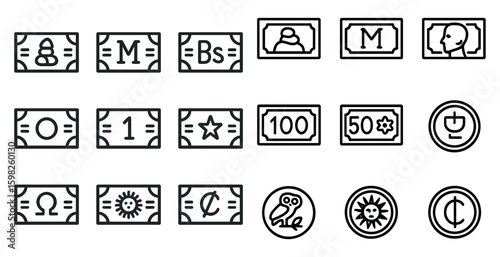 Currency and finance outline icons set – linear, money, economic symbols
