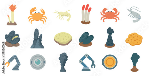 Underwater and marine silhouette icons set – flat, filled, ocean and sea life symbols