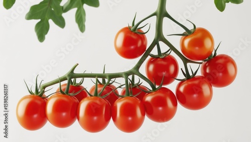 Cherry tomatoes on the vine against a white background.