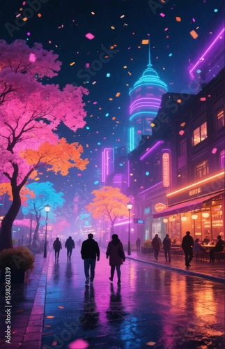 A vivid illustration of a neon-lit city street. An alley with boutiques and restaurants where people walk. Vector graphics. EPS.