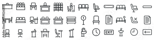 Office furniture outline icons set – linear, line, workspace essentials symbols