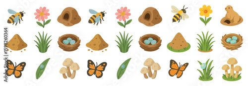 Nature and wildlife icons set – flat, silhouette, garden and habitat symbols
