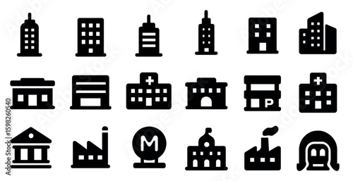 Building silhouette icons set – solid, filled, architecture and construction symbols
