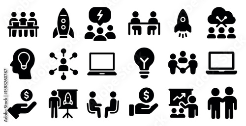 Business and teamwork solid icons set – silhouette, filled, corporate and collaboration symbols