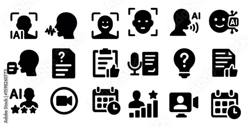 Voice recognition solid icons set – filled, ai, speech and communication symbols