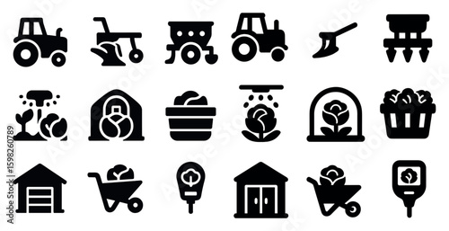 Agriculture and farming solid icons set – flat, filled, crops and harvest symbols