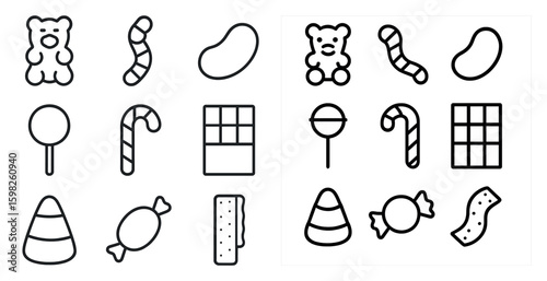 Candy and sweets icons set – outline, linear, confectionery symbols