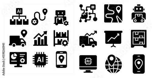 Ai and robotics solid icons set – technology, automation, machine learning symbols