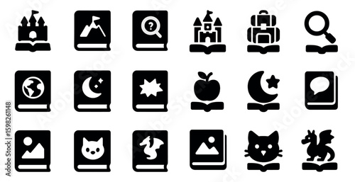 Fantasy book silhouette icons set – solid, filled, magical and mythical symbols
