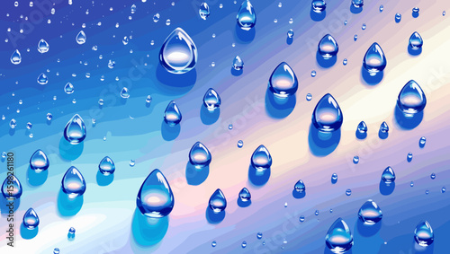 Dewdrops on a colorful background, abstract design, vibrant blue tones, refreshing atmosphere