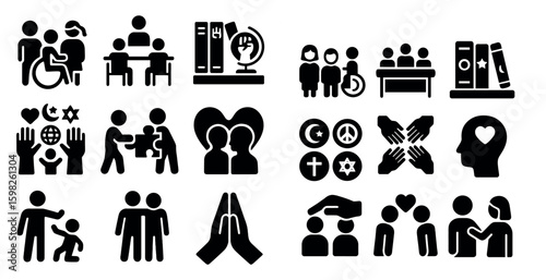 Education and inclusion solid icons set – learning, diversity, classroom symbols