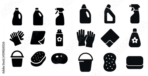 Cleaning and hygiene silhouette icons set – solid, filled, sanitation symbols