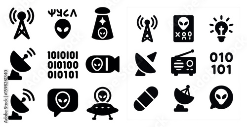 Alien and space solid icons set – silhouette, filled, ufo and extraterrestrial graphics