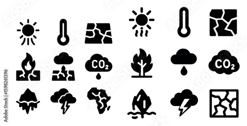 Climate change silhouette icons set – solid, environmental, global warming symbols