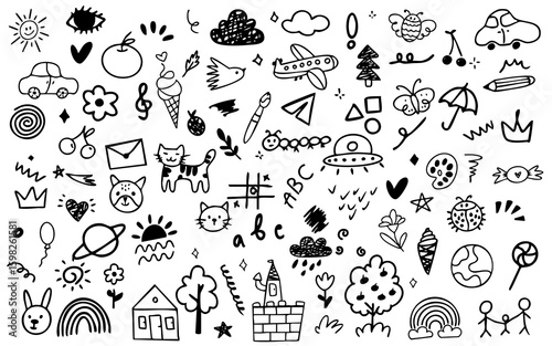 cute kids sketch doodle element childlike fun whimsical line art set abstract nature grapic icon set