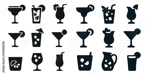Cocktail silhouette icons set – drinks, beverages, party and bar symbols