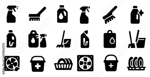 Cleaning and hygiene solid icons set – filled, household, sanitation symbols