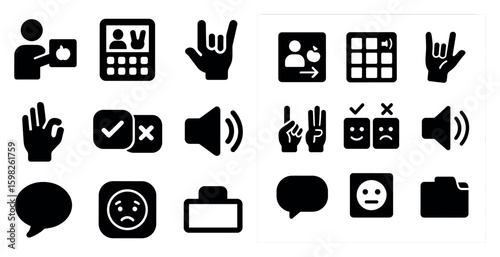 Communication and gesture solid icons set – silhouette, filled, interaction symbols