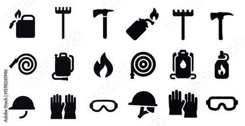 Firefighting safety solid icons set – equipment, protection, emergency symbols