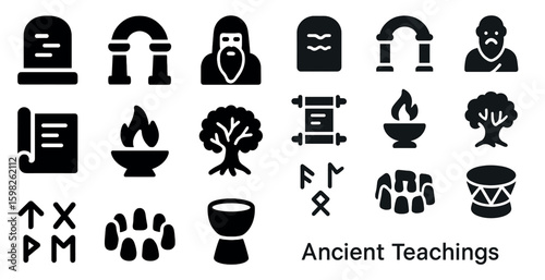 Ancient teachings silhouette icons set – flat, solid, spiritual and cultural symbols