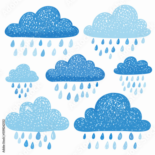 Charming Vector Artwork Depicting a Collection of Stylized Blue Rain Clouds and Water Droplets, Ideal for Weather-Themed Graphics and Digital Design Projects