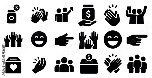 Charity and donation filled icons set – solid, fundraising, helping hand symbols